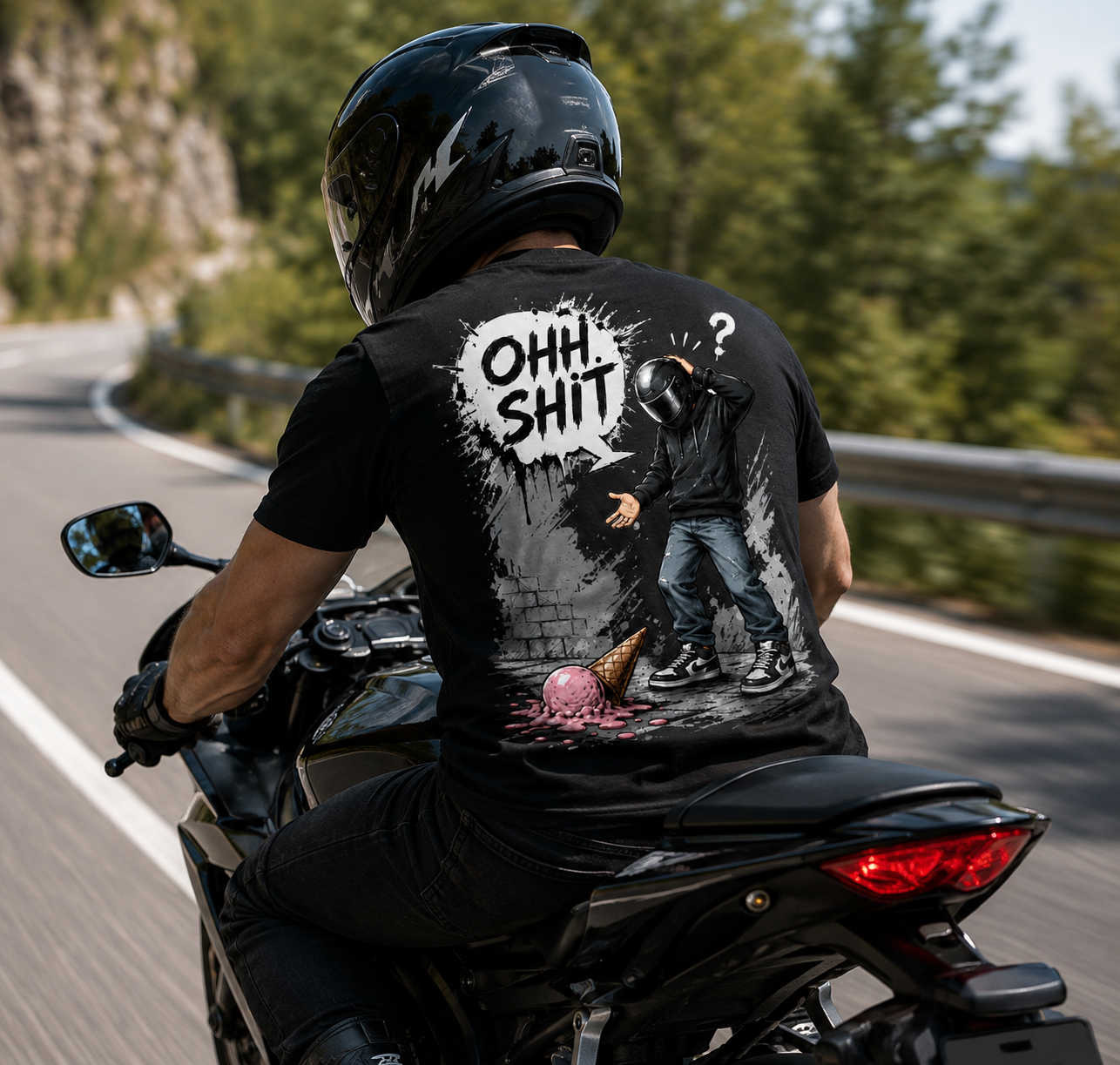 OHH SHIT V2 – Motoros mintás fekete póló