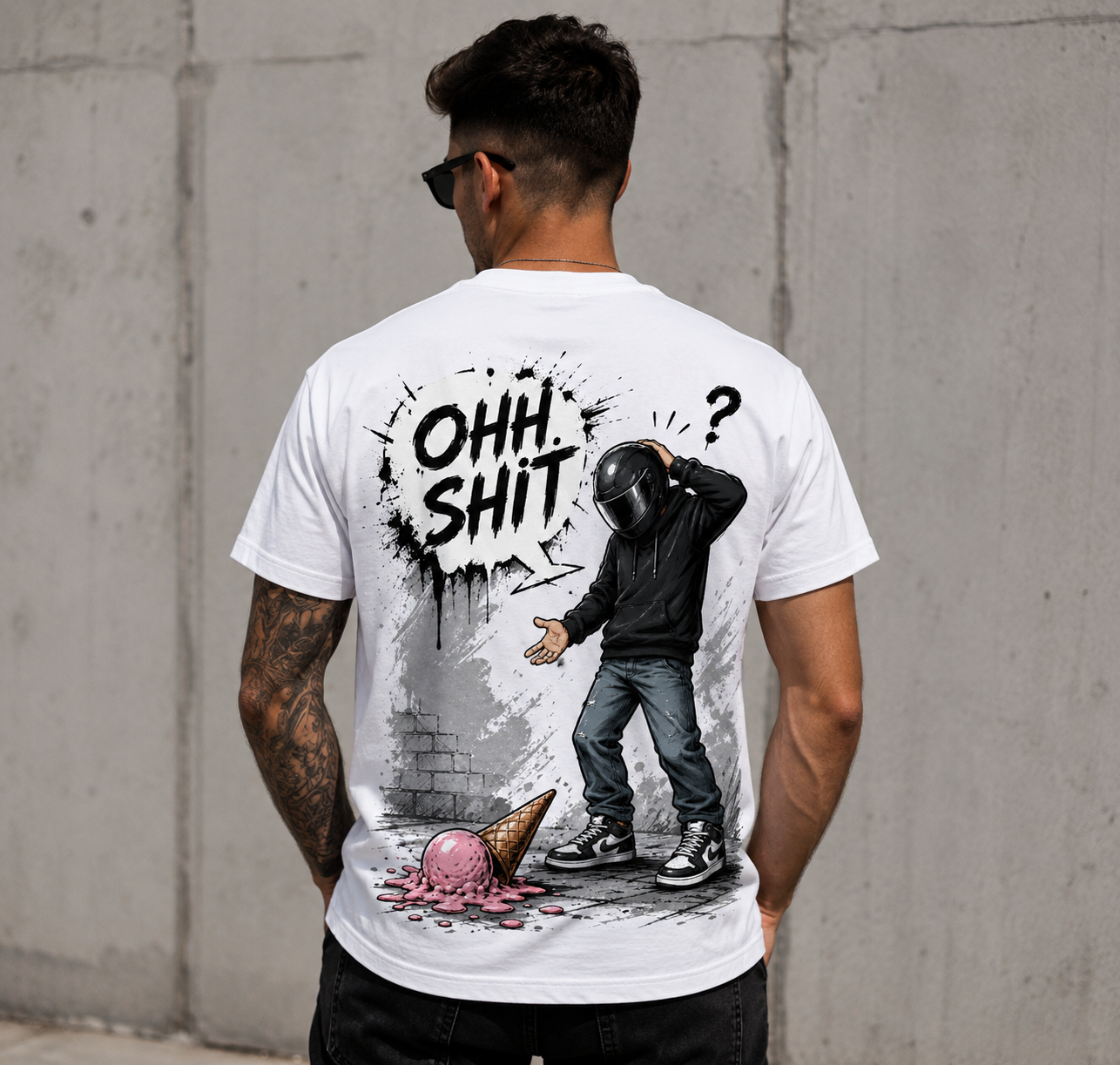 OHH SHIT v2 – Motoros mintás fehér póló